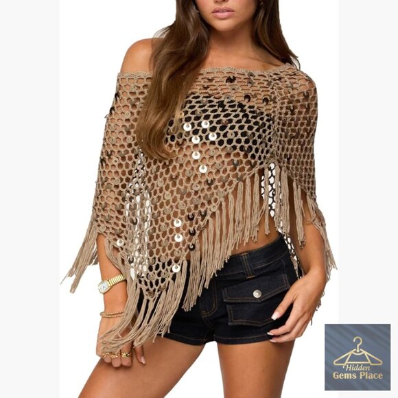 Other - Sheer Mesh Knit Poncho Top Asymmetrical Beach Cover Up Lightweight
